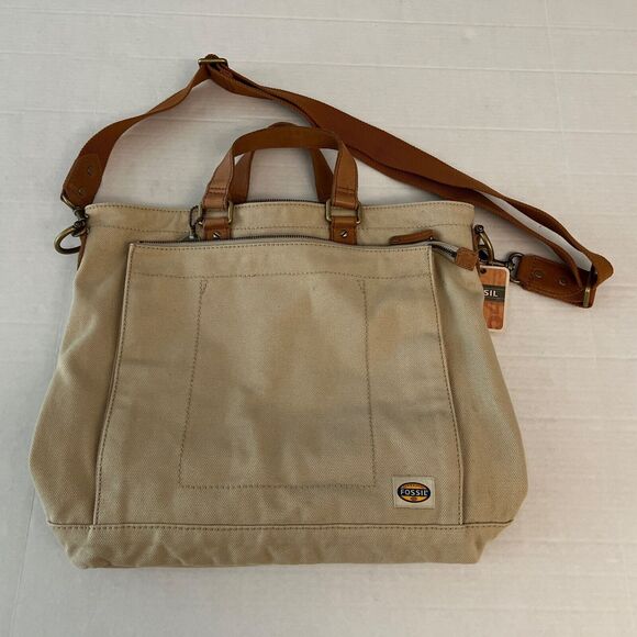 Fossil Workman CVS Canvas Utility Tote/Bag Large New Beige Brown Leather - Picture 10 of 16